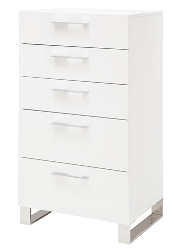 The Corsica Chest has five spacious drawers with stainless steel handles and legs. Available in White Lacquer.