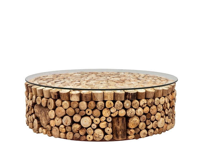 Osimo Driftwood with Glass Top Modern Round Coffee Table