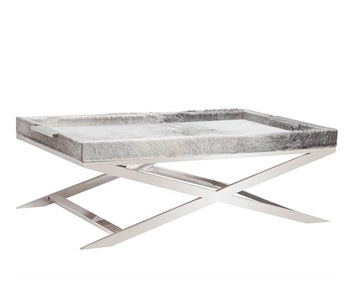 Rimini Grey Cowhide Modern Coffee Table with Stainless Steel Legs