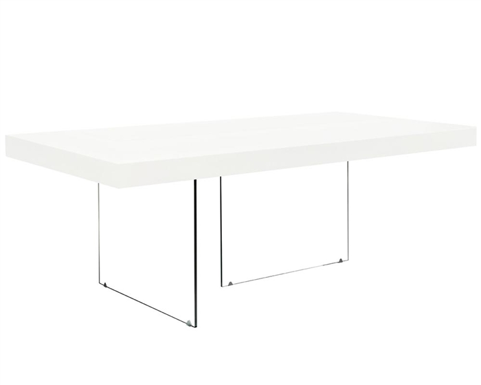 Stunning white lacquer table on tempered glass legs