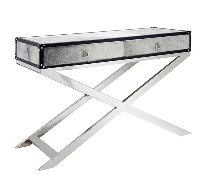 Modern Cowhide Console Table with Stainless Steel Handles