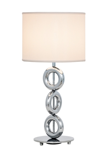 Elegance really stacks up with the Seneca Lamp. Three polished chrome rings stack one on top of the other, creating a smooth visual line all the way up to a black or white linen shade.