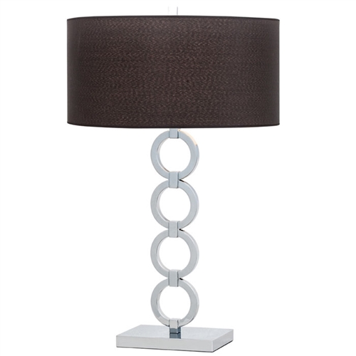 Elegance stacks up with the Phoebe Table Lamp. Four polished chrome "Chain Links" stand one on top of the other creating an Industrial visual line all the way up to a black or beige linen shade.