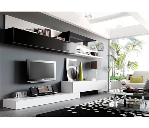 The bold, graphic, architectural elements of this Black & White Wall Unit will be a stylish addition to any room. There is plenty of storage with multiple drawers, cabinets and shelves.
