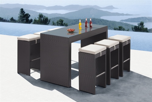 beautiful high outdoor bar table and six chairs will compliment any outdoor setting