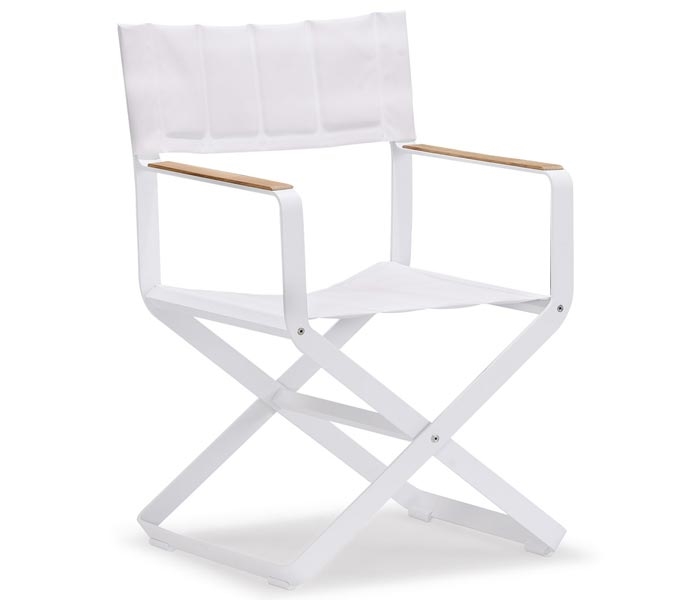 Clint Modern Patio Dining armchair in White Fabric with Teak Accents available at Modern Home 2 Go