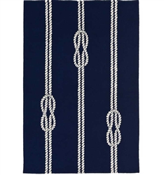 Capri Ropes Indoor/Outdoor Rug Navy 5'X7'6". hand-hooked area rug features a navy blue background with a simple white rope with a nautical rope detail. A classic, coastal motif, this design will effortlessly compliment any space inside or outside your hom