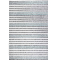 Malibu Faded Stripe Indoor/Outdoor Rug Aqua Seven feet ten inches by nine feet ten inches Long. Available as Special Order at MH2G Modern Furniture Showroom. The material is flatwoven, low profile, weather resistant, UV stabilized for enhanced fade resist