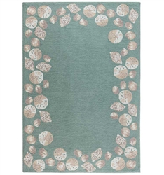 Capri Seashell Border Indoor/Outdoor Rug Aqua five feet by seven feet six inches . The perfect area rug to add abstract and modern design to your space
