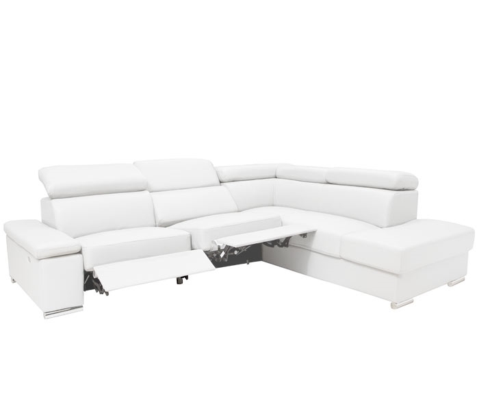 Elysee Modern Sectional in White Leather Right Facing Chaise with Double Recliner