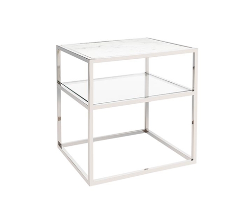 Ivoire Modern Square Side Table with marble top, Glass shelf and stainless steel base.