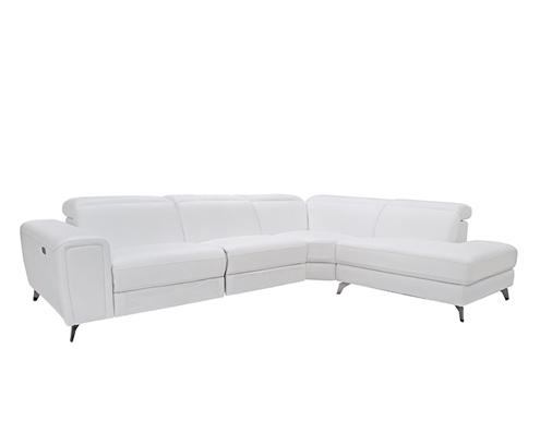 Nicola Luxurious leather sectional with power reclining seats, black chrome legs, and USB switch Right facing white