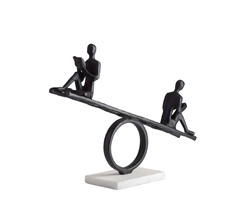 Two Men On Seesaw 12h" Black Aluminum Decor Sculpture On Marble Base