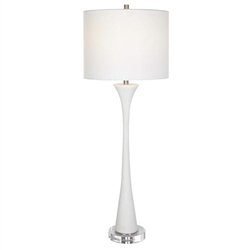 Fountain Buffet Lamp. Showcasing a classic trumpet shape, this buffet lamp is handcrafted from granulated white marble that accurately replicates the look of Thassos marble, displayed on a thick crystal foot, paired with brushed nickel plated accents.
