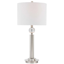 Brushed Nickel Modern Table Lamp. This simple but elegant table lamp is finished in brushed nickel with crystal accents. The round hardback shade is a white linen fabric with light slubbing.