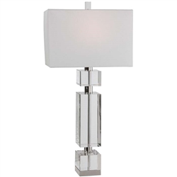 Maika Modern Table Lamp.This table lamp has a fresh, contemporary look featuring thick crystal blocks separated by polished nickel plated accents. The rectangle hardback shade is a white linen fabric.