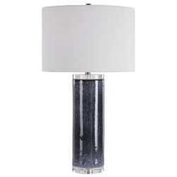 Midnight Landscape Modern Table Lamp.Modern in design, this ceramic table lamp showcases a dark charcoal glaze with a light gray abstract pattern, paired with elegant crystal details and polished nickel plated accents.