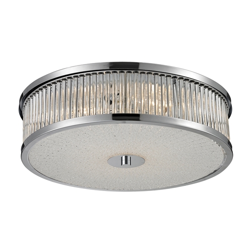This sleek drum shaped design has glass rods that diffuse light into a glistering array. The characteristics of the textured glass diffuser and Polished Chrome finish enhance the dazzling light array to invigorate any decor.