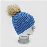 Cashmere Blend Faux Fur Pom-Pom Bobble Hat in Denim Blue - HTN01D