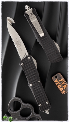 Microtech Combat Troodon HS Rescue, Black Frag Chassis Stonewashed Full Serrated