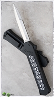 AKC F-16 Double Action Stiletto OTF Black Handle Skulls Inlay Silver Bayonet