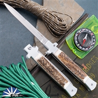 AKC X-treme 11" Shadow Switchblade (Bolster Release) Stonewash Bayonet, Stag Scales.