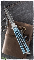 BaliBalistic Channel Cut Anodized Blue Titanium Latched Double Edged Damascus Blade Balisong