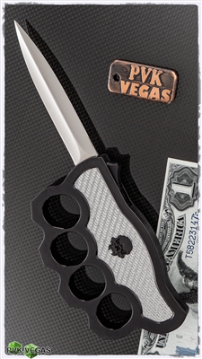 BURN Knives K-Razor OTF Mirror Polished Dagger Blade Silver Twill Carbon Fiber Inlays Anodizzed Black Chassis