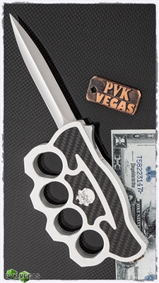 BURN Knives K-Razor OTF Mirror Polished Dagger Blade Black Carbon Fiber Inlays Silver Hardcoat Chassis Damascus Skull Inlay