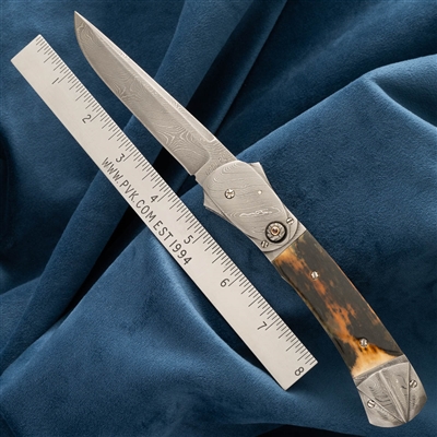 Bill Saindon Automatic Folder, Damascus Drop Point, Bone Handle with Carved Damascus Double Bolsters