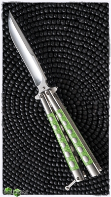BURN Knives BaliSong Model 5 Steel w/ Green Juma Snakeskin inlays & Mirror Blade