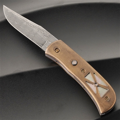 Chuck Gedraitis Small Window Frame Auto, Reptilian Damascus Blade, Bronze Scales, Zirconium Button W/Black Pearl Inlays