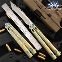 EOS Balisong Villain PVK Exclusive Recurve Tanto, Gold Ano Titanium, Blue  HW