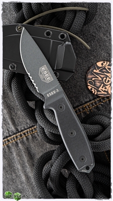 ESEE Knives ESEE-3S-TG-B Gunsmoke Serrated Edge, Black G10 Handles, Black Sheath, Clip Plate