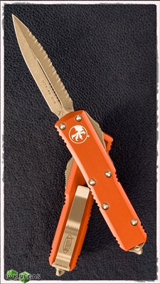 Microtech UTX-85 D/E 232-15OR Bronzed Full Serrated Blade & Hardware Orange Handle