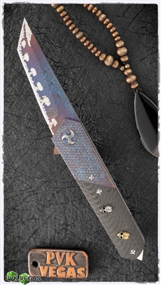 Glenn Waters Kaiken Ninja, Carbidized And Heat Colored Damasteel, Titanium, Mokuti & Carbon Fiber Frame, Silver And Brass Skulls