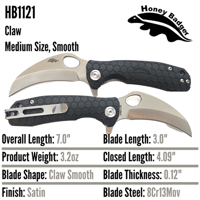 HB1121 Honey Badger Claw Smooth Flipper Medium Black 8Cr13MoV