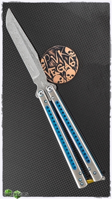 Heibel Knives Custom Balisong #163 Damasteel "Bifrost" Hammer V2 Blade, Titanium Handles With Blue Accents