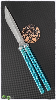 Heibel Knives Custom Balisong #176 Damasteel "Aegir" Drop Point Blade, Teal Anodized Titanium Handles