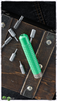 Heretic Knives Tool Kit - Green Stainless with Deep Engraved Bronzed Cap, 8 Bits Included