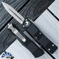 Microtech Troodon D/E 138-6 Black Handle Satin Full Serrated Blade.