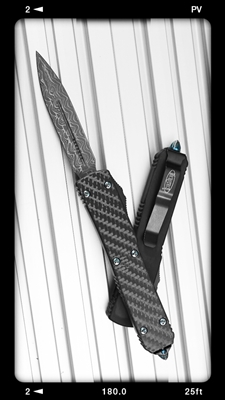 Microtech Ultratech D/A OTF Double Edge Damascus Blade Carbon Fiber Handle