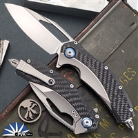 Microtech Matrix 165C-4CFTI Satin M390 Blade, Titanium Handle W/ Carbon Fiber Scales, Blue Ti Pivot Collars