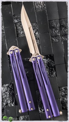 Microtech Tachyon III Balisong Knife Bronzed Blade and Hardware Purple Handle