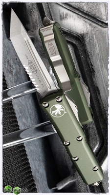 Microtech UTX-85 T/E 233-11OD Stonewash Serrated Blade Green Handle