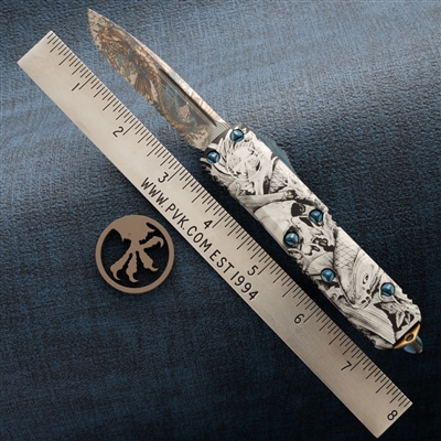 PVK Custom UTX-85 S/E Partial Serrated Black Koi Dreams Wrap w/Bronze Koi Blade & Anodized Blue Hardware Bronze Clip