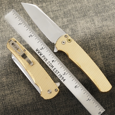 Protech Custom Malibu 5218 Manual Flipper Knife Stonewashed Bronze Textured Aluminum Handles Mosaic Button Hand Ground Mirror Polished Mike Irie Reverse Tanto