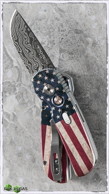 Protech CalMigo Vintage Flag Custom Damascus Blade