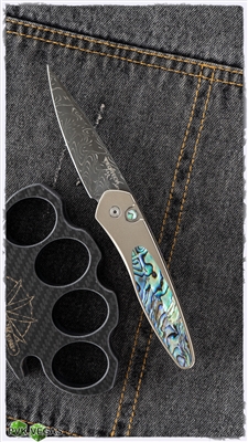 Protech Custom Newport Titanium Custom Bronze Ti Frame Abalone Inlays Chad Nichols Damascus Blade