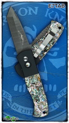 Protech Emerson CQC7 Auto E7TAB Tanto Point Damascus Abalone Inlays Black Handle
